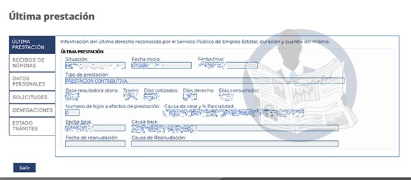 Pantalla donde se muestra la prestación por desempleo