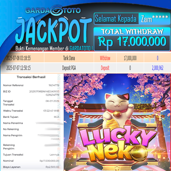 JACKPOT DI PERMAINAN SLOT PG SOFT LUCKY NEKO WD Rp 17.000.000,- DIBAYAR LUNAS GARDATOTO MANTAP !
