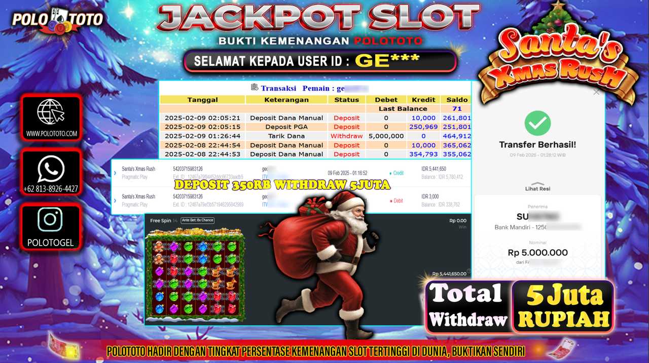 POLOTOTO JACKPOT SLOT SANTA XMAS RUSH Rp.5,000.000,-