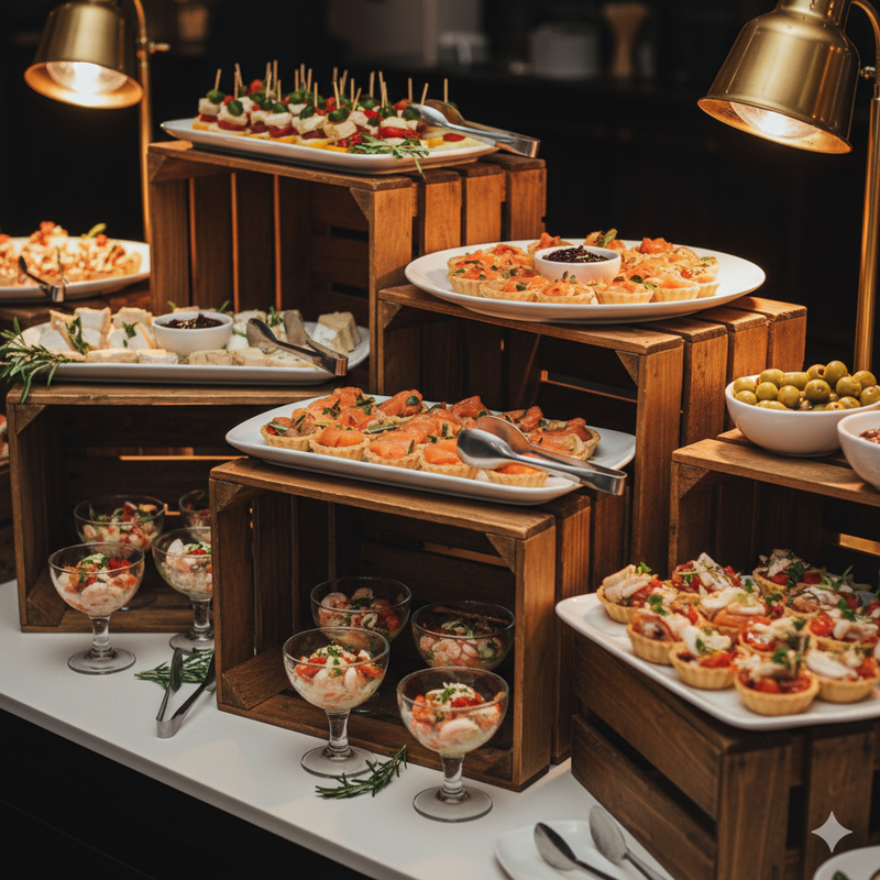 Многоуровневая сервировка фуршетной линии с использованием подставок