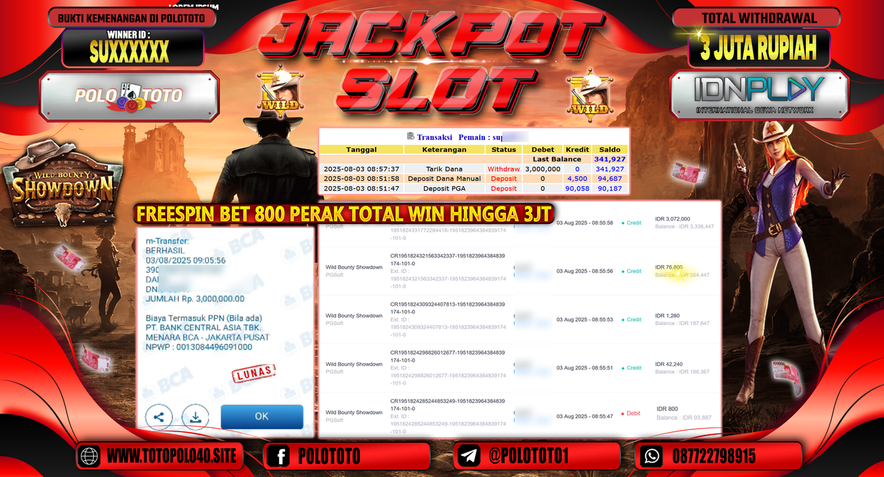 POLOTOTO JACKPOT SLOT WILD BOUNTY SHOWDOWN Rp.3.000.000,-LUNAS