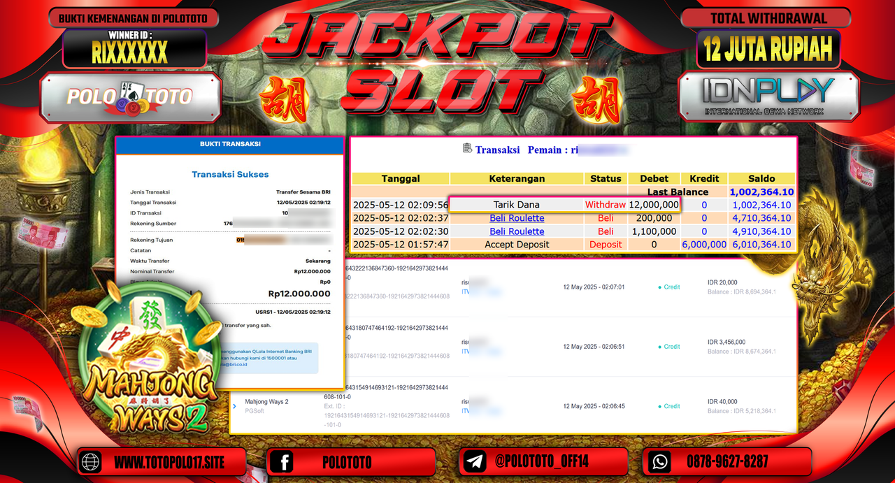 POLOTOTO JACKPOT SLOT MAHJONG WAYS 2 Rp.12.000.000,-