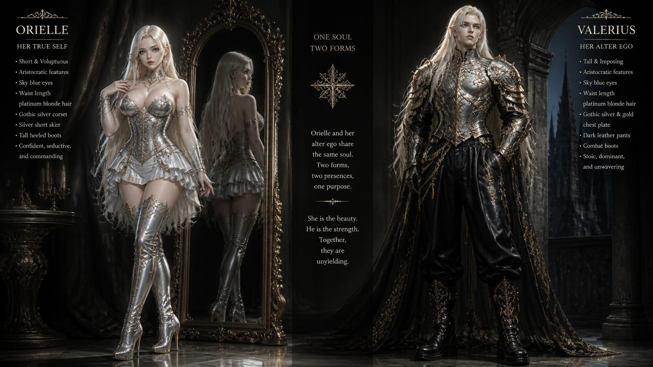 Orielle is as Short voluptuous female in Gothic corset and a short skirt made of silver with Tall h