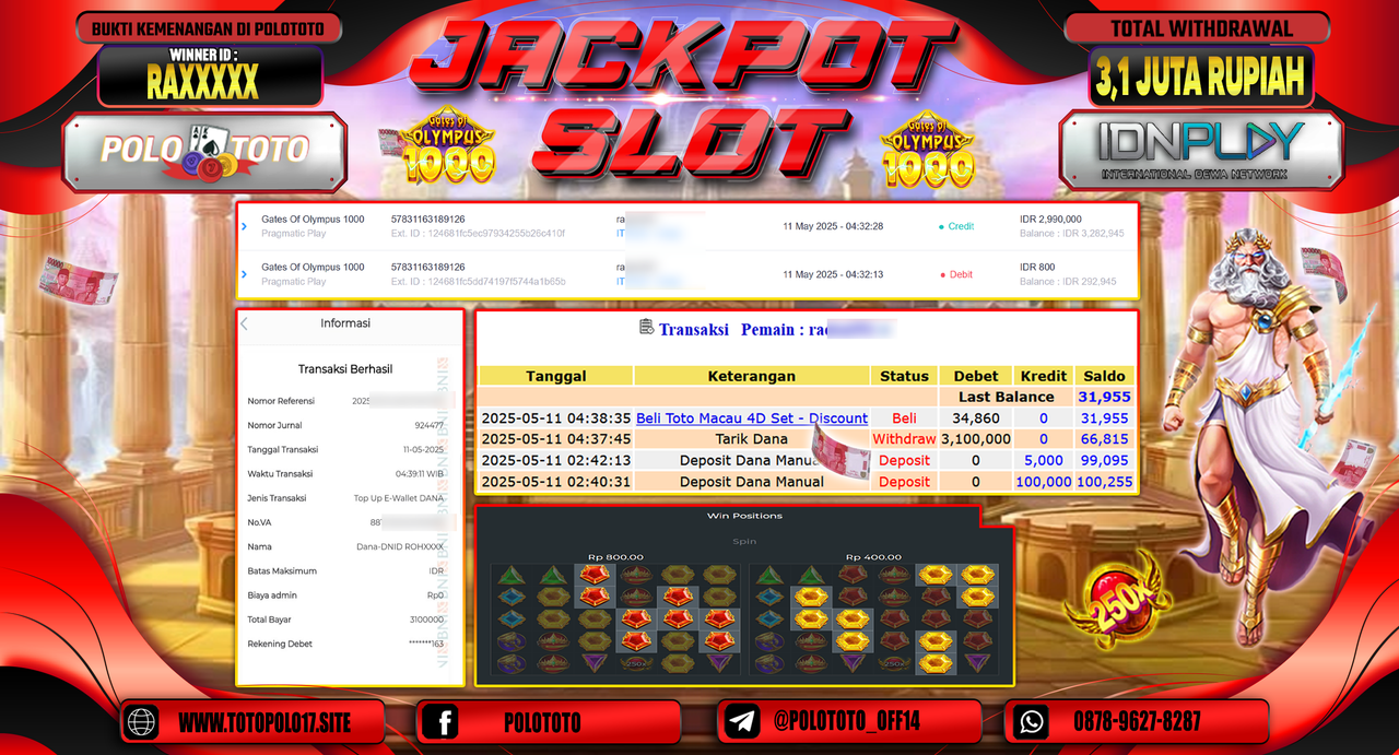 POLOTOTO JACKPOT SLOT GATES OF OLYMPUS 1000 Rp.3.100.000,-