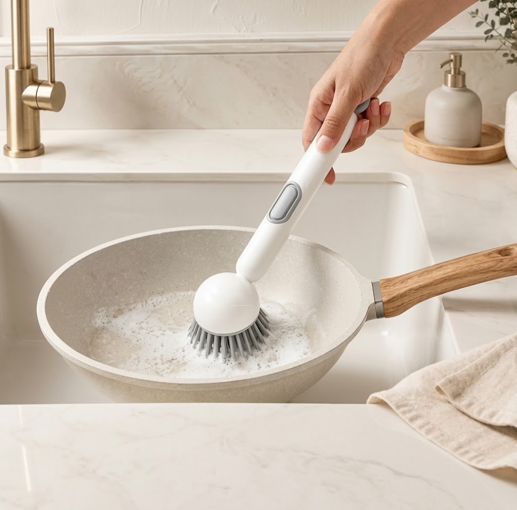 360 Rotating Kitchen Dish Cleaning Brush with Push Squeeze Soap Dispenser