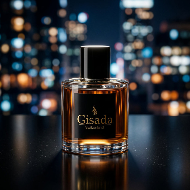 Squared men's fragrance bottle in deep brown glass blend with a modern city night background with bokeh lights, stylish and contemporary