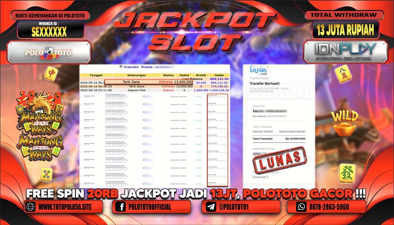 POLOTOTO JACKPOT SLOT MAHJONG WAYS Rp.13.000.000,-