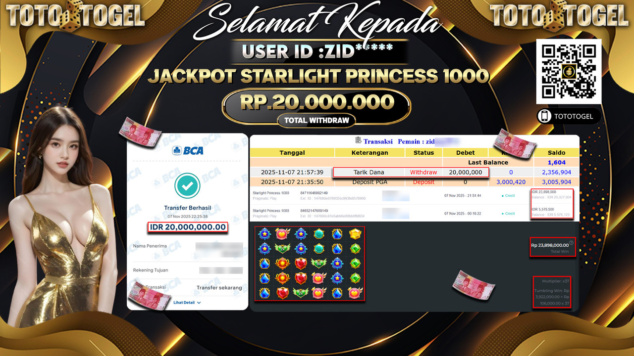 Bukti Pembayaran Jackpot Permainan Slot Starlight Princess 1000 ID:ZID**** LUNAS