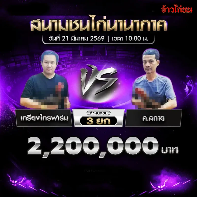 โปรแกรมไก่ชน เกรียงไกรฟาร์ม พบ ศ.สกาย วันที่ 21 มีนาคม 2569