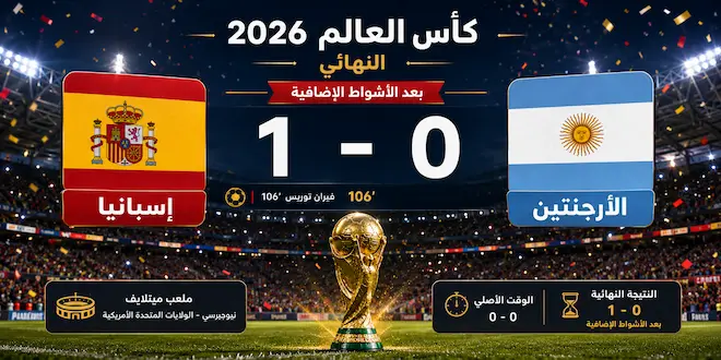 صورة توضيحية لنهائي كأس العالم 2026 بين إسبانيا والأرجنتين، حيث تظهر النتيجة النهائية 1-0 لصالح إسبانيا بعد الأشواط الإضافية، مع اسم هداف المباراة فيران توريس في الدقيقة 106، ووجود كأس العالم في المنتصف، ومعلومات عن الملعب والوقت الأصلي، في مشهد يعكس تتويج إسبانيا باللقب العالمي. (تم توليدها بالذكاء الإصطناعي)