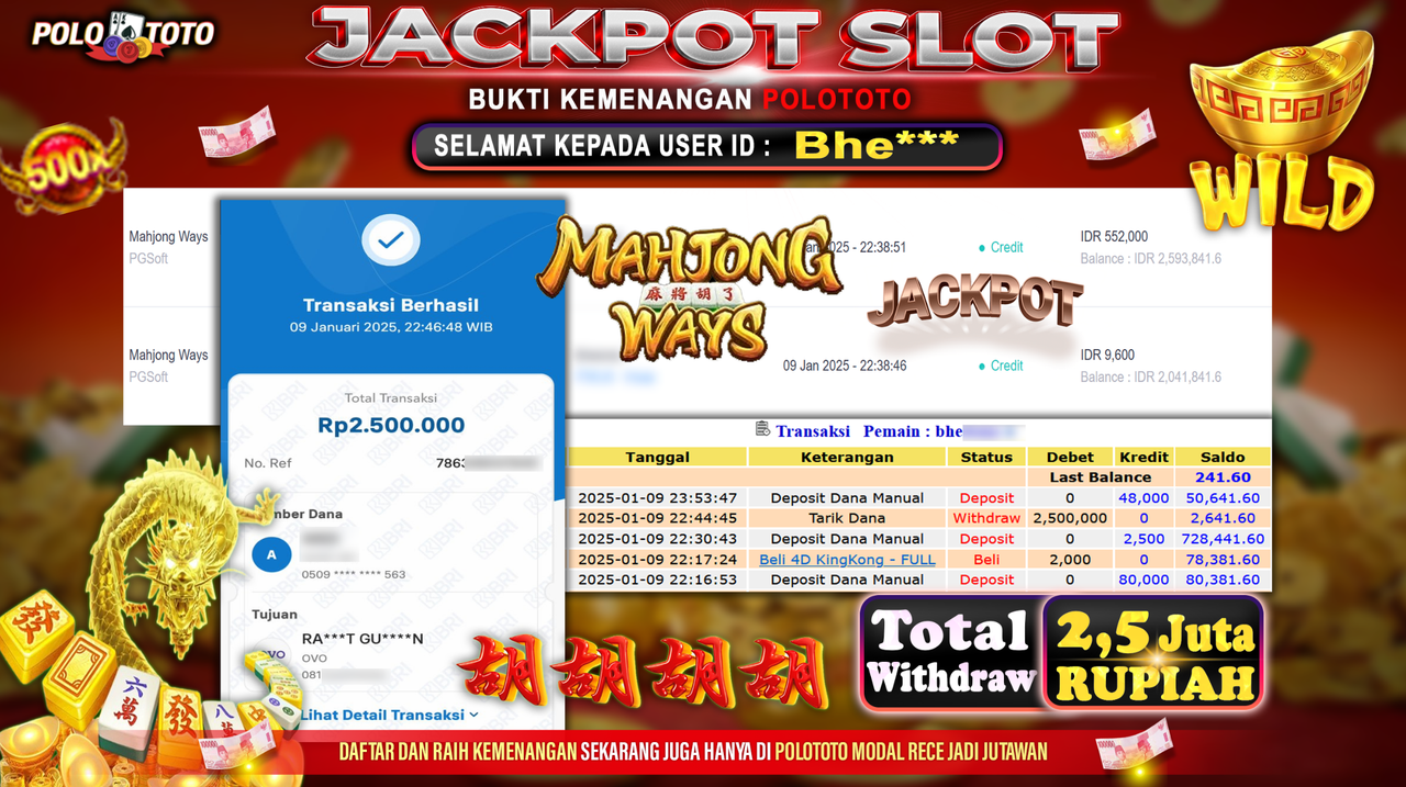 POLOTOTO JACKPOT SLOT MAHJONG WAYS Rp.2,500.000,-