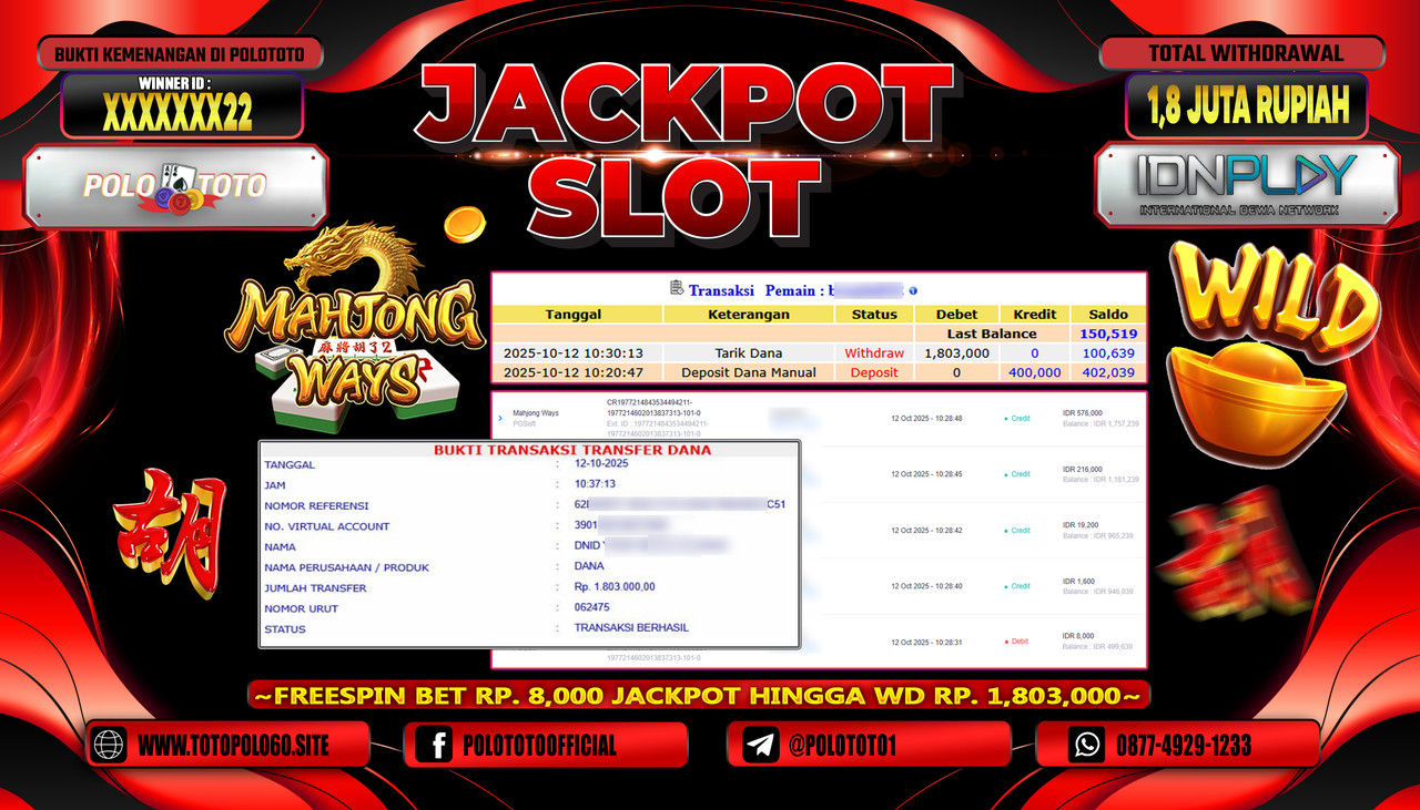 POLOTOTO JACKPOT SLOT MAHJONG WAYS Rp.1.800.000,- LUNAS