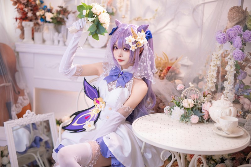 艾西Aiwest 刻晴花嫁Cosplay写真图集 原神刻晴婚纱高清图集 40P (223.2M)插图9