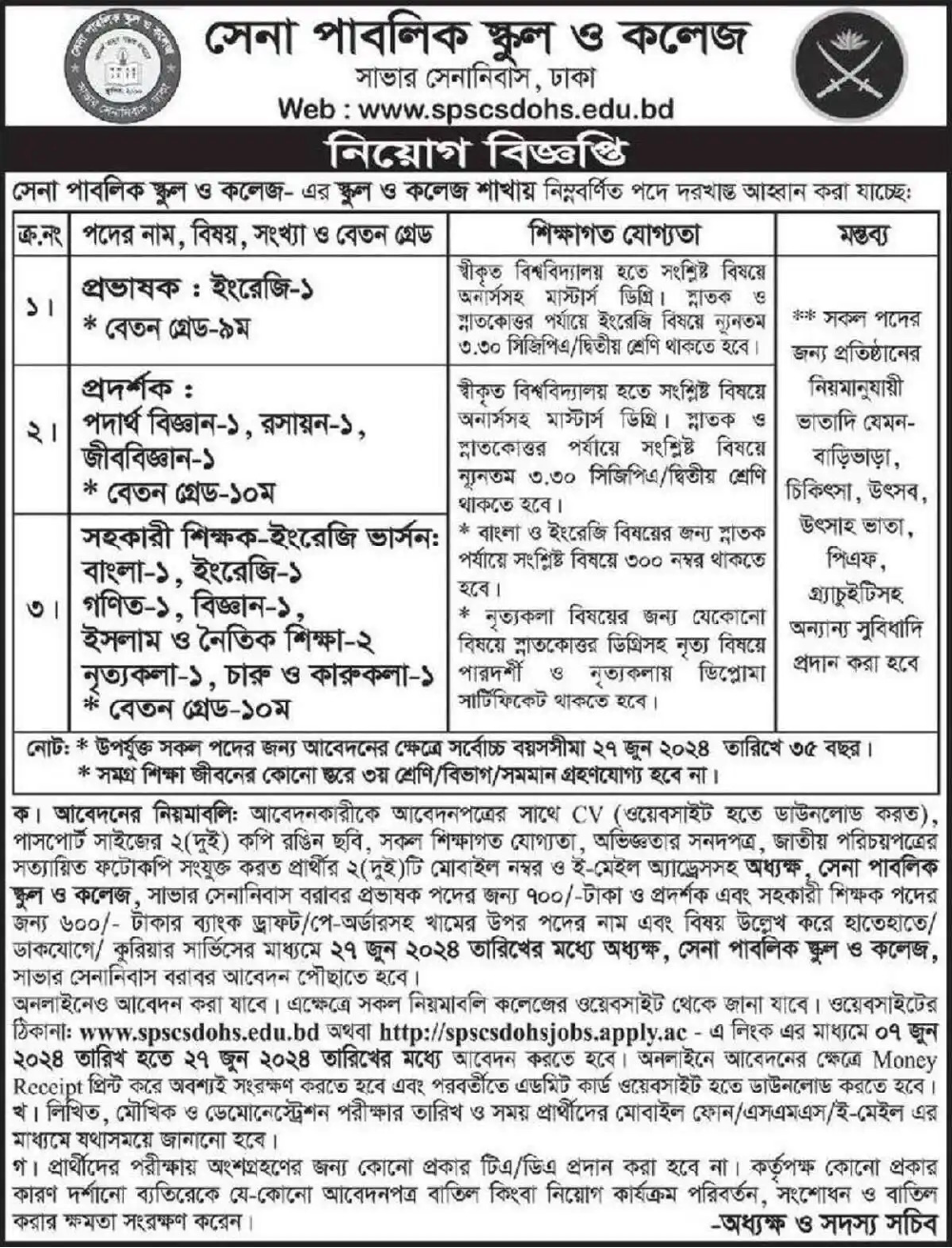 ক্যান্টনমেন্ট পাবলিক স্কুল এন্ড কলেজ নিয়োগ ২০২৪