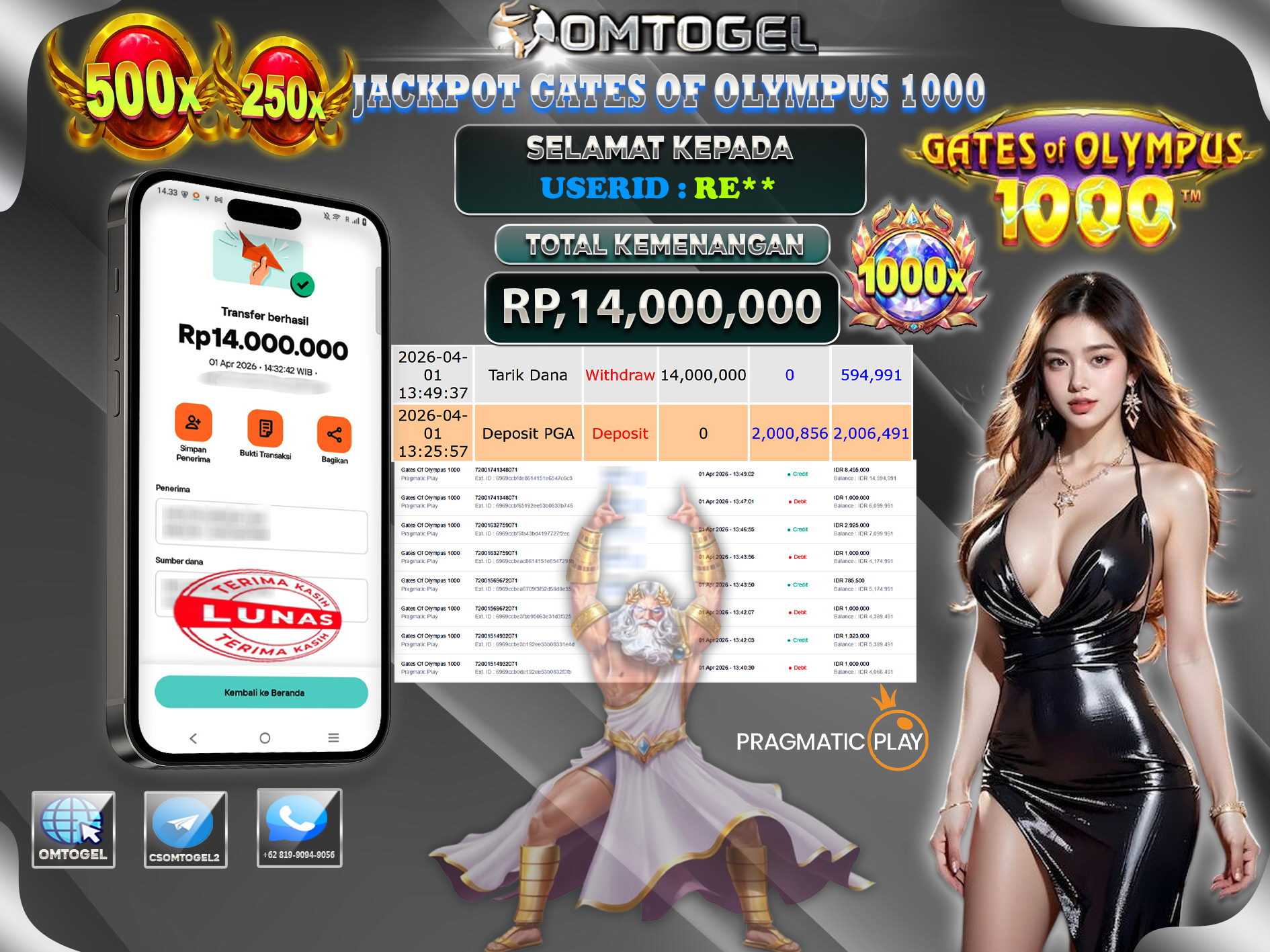 OMTOGEL JACKPOT PRAGMATIC PLAY GATES OF OLYMPUS 1000,14 JUTA DI BAYAR LUNAS ,-