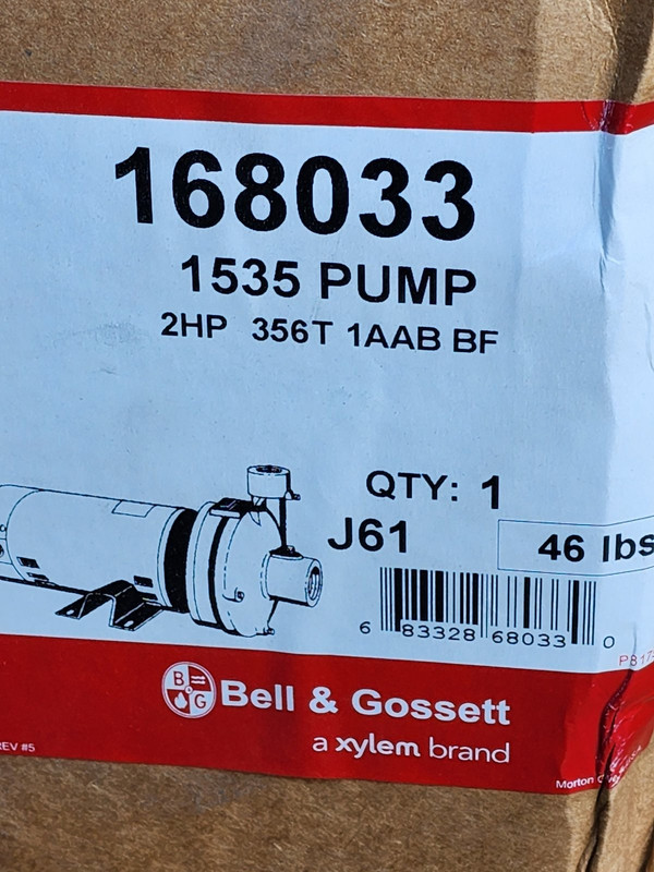 BELL & GOSSETT XYLEM 1535 CENTRIFUGAL PUMP 2HP 168033 356T 1AAB BF J61
