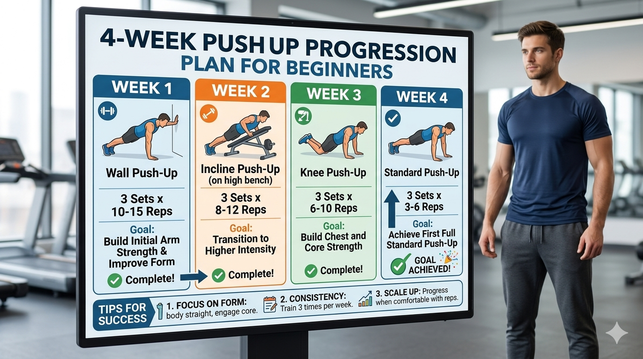 Visual chart showing 4-week push-up progression plan with weekly exercises sets reps and goals for beginners learning push-ups