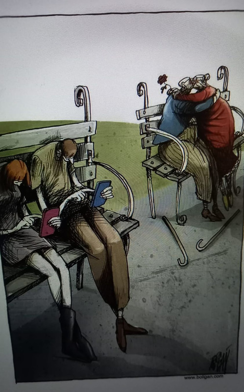 na klupi starci i mladi s mobovima