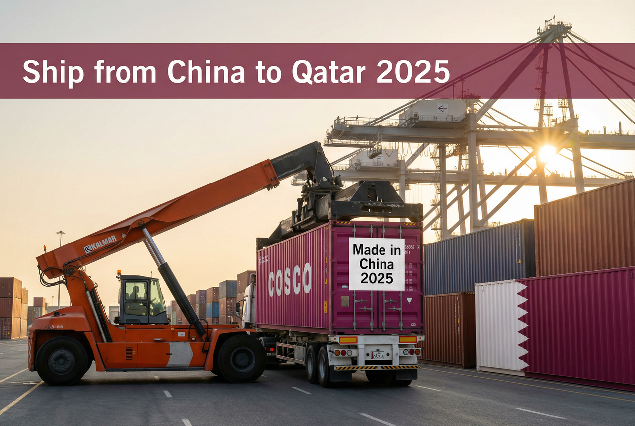 COSCO shipping container being lowered by orange Kalmar crane onto white Qatar truck at Hamad Port Doha