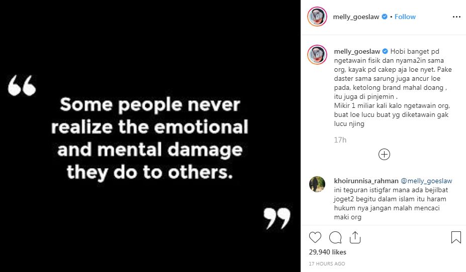 Unggahan Melly Goelaw marah dirinya dijadikan bahan bercandaan. (Instagram/melly_goeslaw)