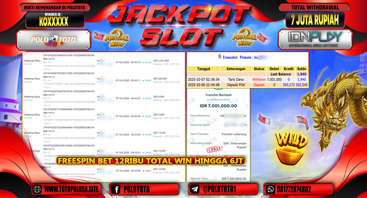 POLOTOTO JACKPOT SLOT MAHJONG WAYS Rp.7.000.000,- LUNAS