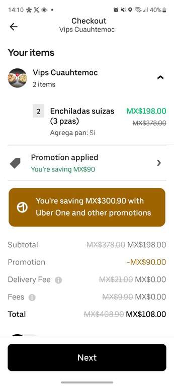 Uber eats: Vips, dos enchiladas suizas 
