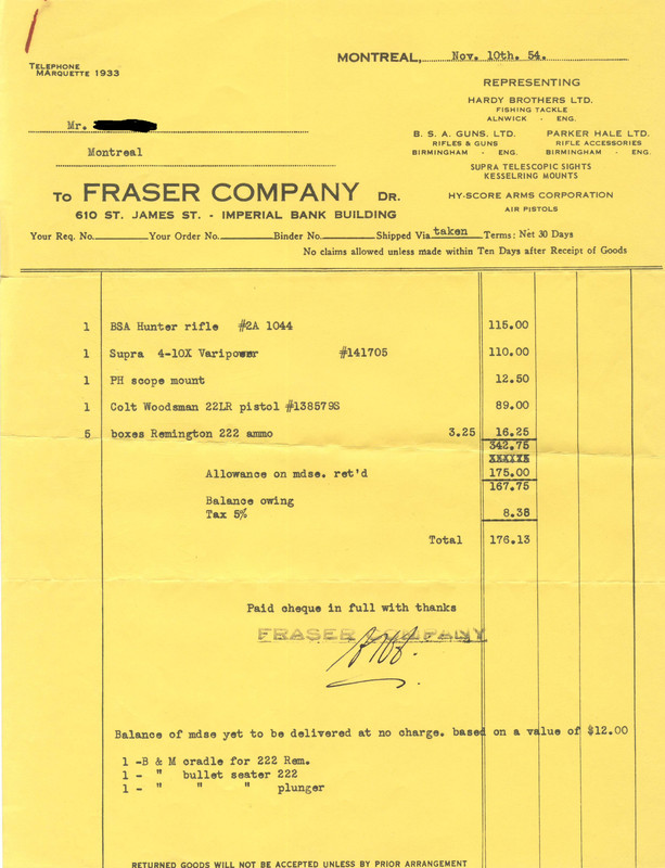 Nov 10 1954-purchase of BSA rifle and .22 Colt Woodsman pistol from Fraser Company