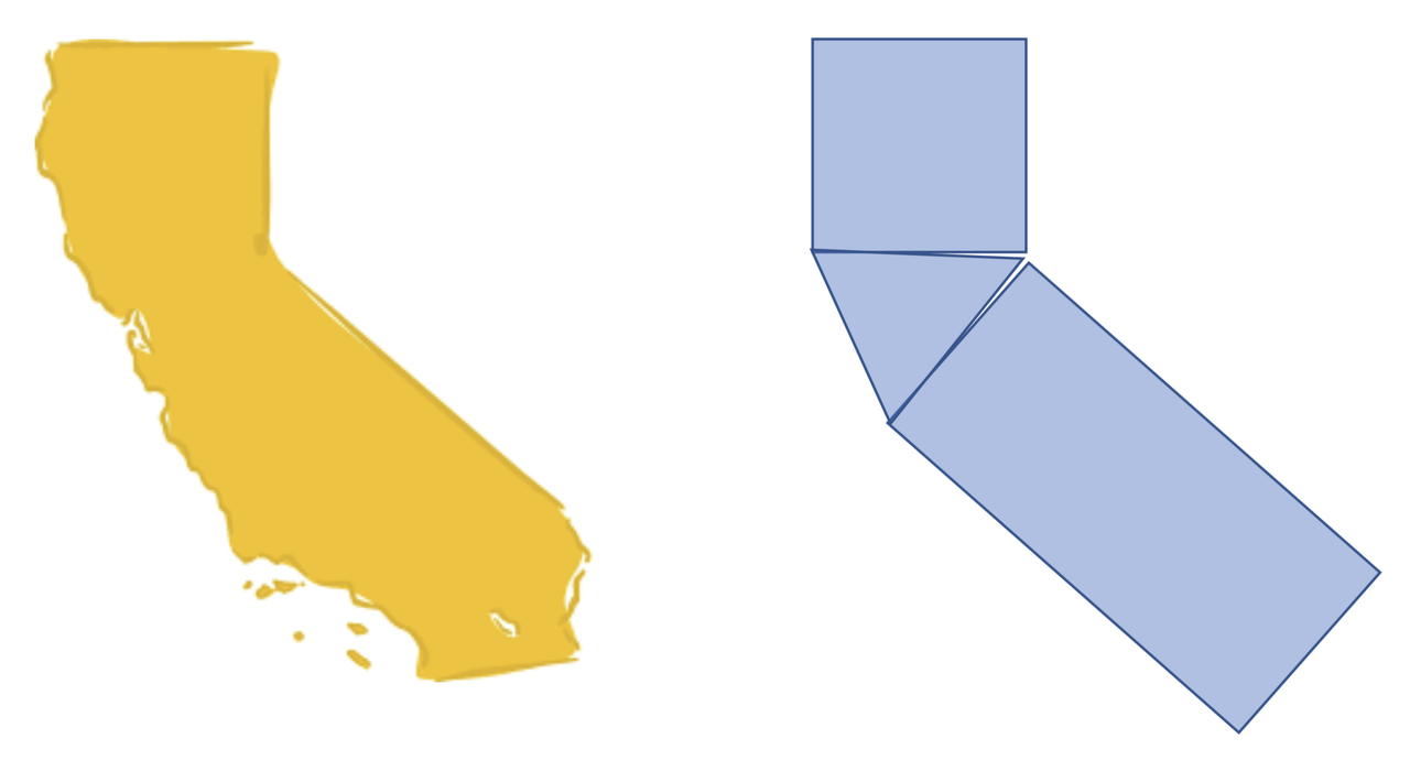 The map of California next to an image in the shape of California made of geometric figures