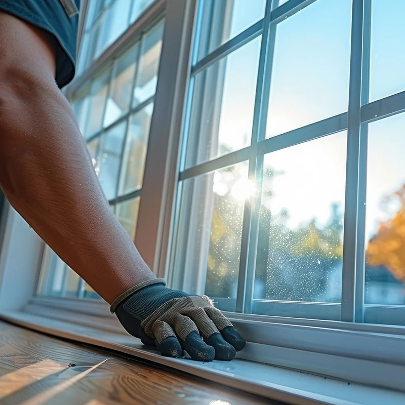 Technicians installing glass window pane