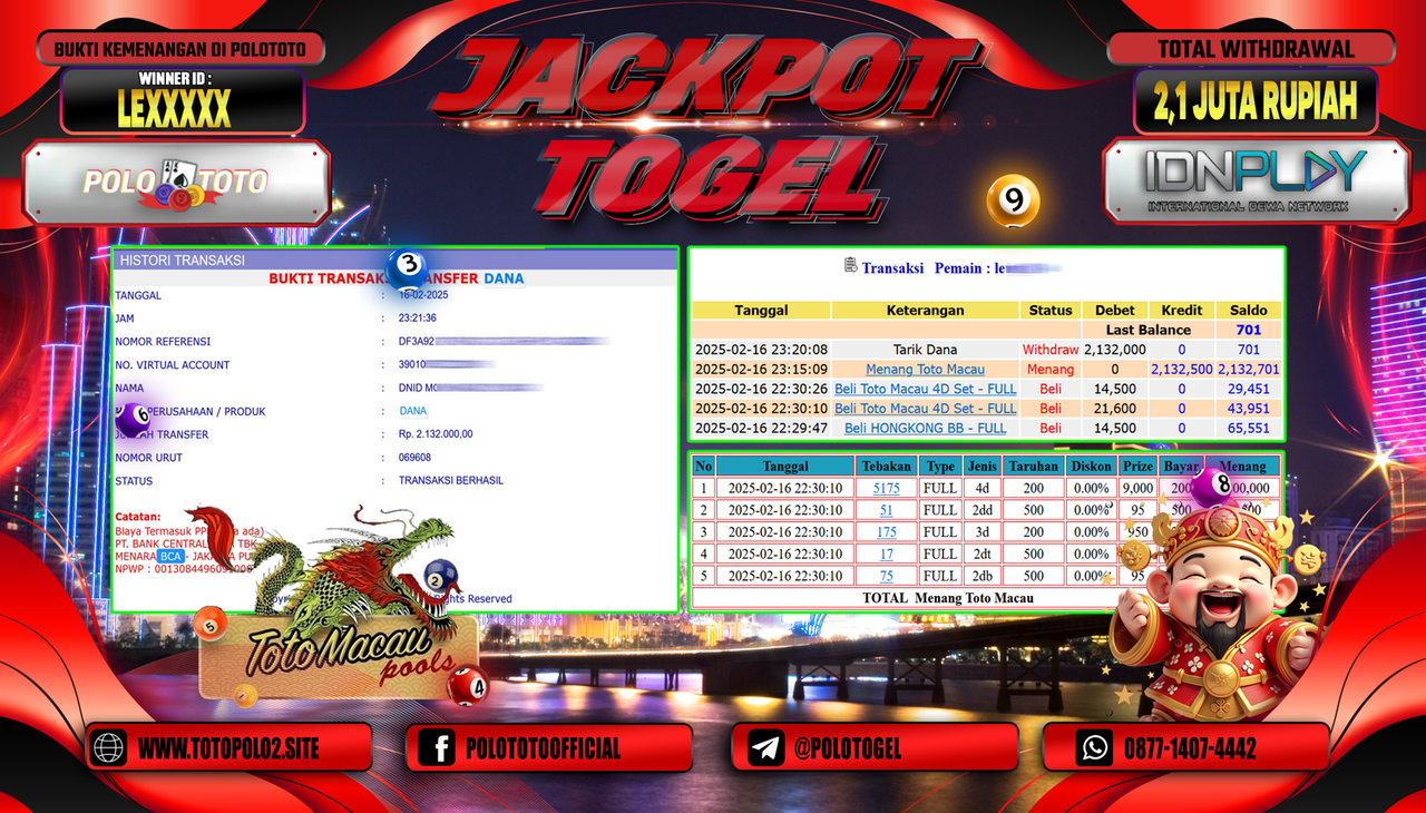 POLOTOTO JACKPOT TOGEL TOTO MACAU Rp.2.132.000,-