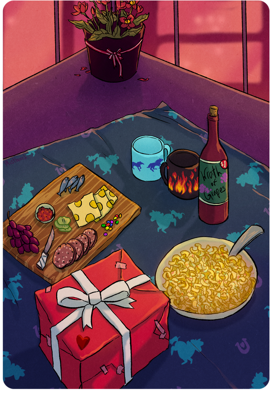 An image of the fire escape with a horse blanket fanned out and adorned with a modest picnic, including a charcuterie board, cheap wine, macaroni salad, and a haphazardly wrapped present