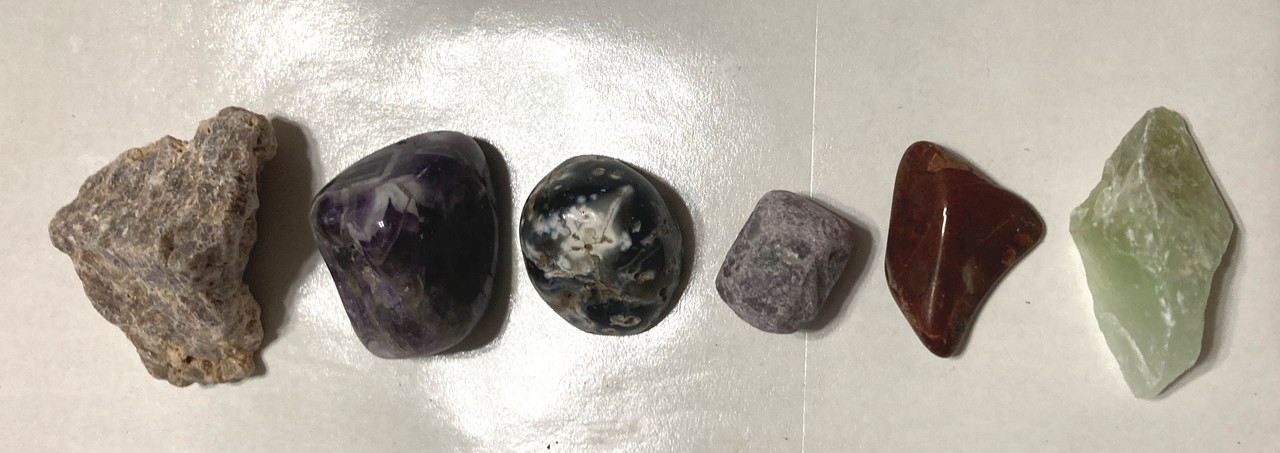 Aragonite, Chevron Amethyst, Oco Agate, raw green calcite, raw ruby corundum, Tumbled Brecciated Jasper, 10ml Planet Mars water, mystery gift, information sheet