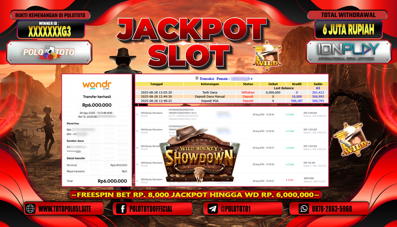 POLOTOTO JACKPOT SLOT WILD BOUNTY SHOWDOWN Rp.6.000.000,- LUNAS