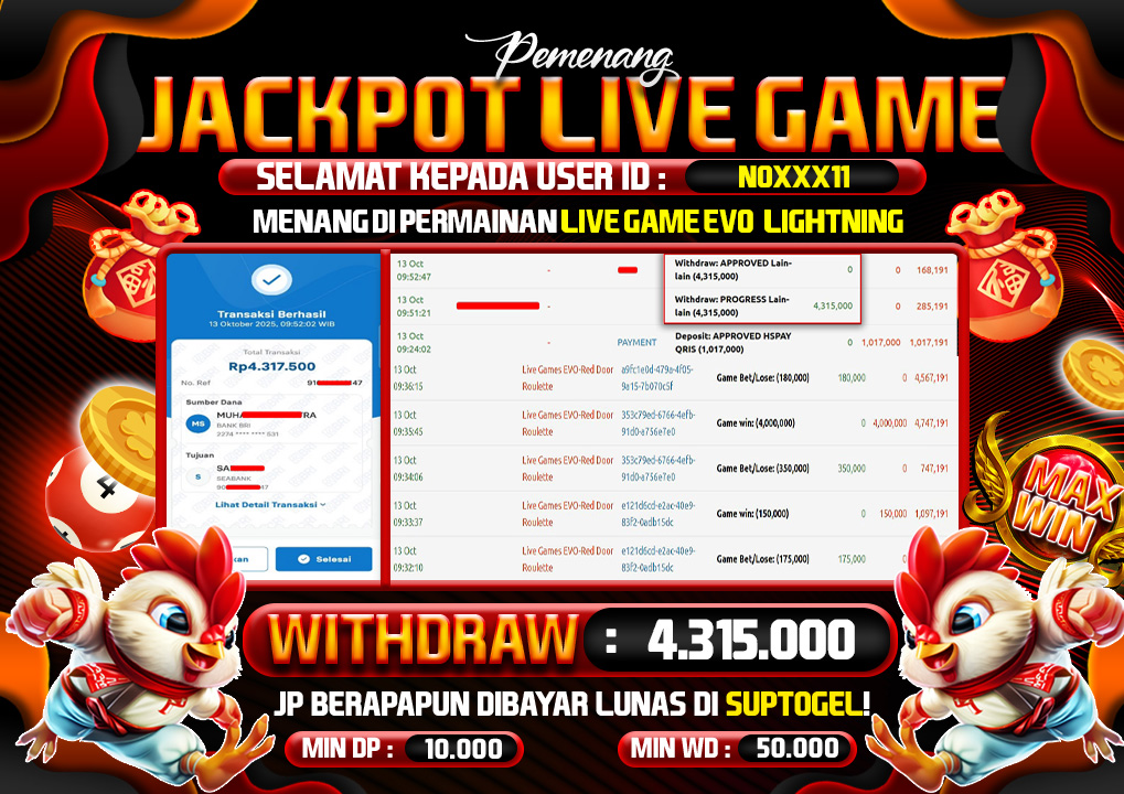  BUKTI KEMENANGAN 13 OCTOBER 2025 MENANG DI PERMAINAN LIVE GAME EVO LIGHNING 4.3 JT