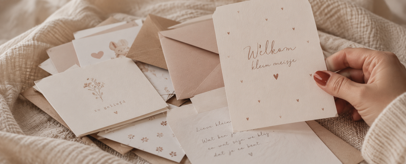 Stapel felicitatiekaartjes en enveloppen met een handgeschreven briefje op zachte ecru stof. Een hand houdt een felicitatiekaartje voor een pasgeboren baby vast.