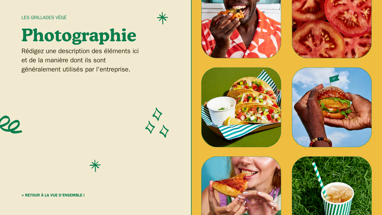 Présentation Charte Graphique Alimentation et Restaurant dans un style Nostalgique Audacieux en Vert Bleu et Jaune