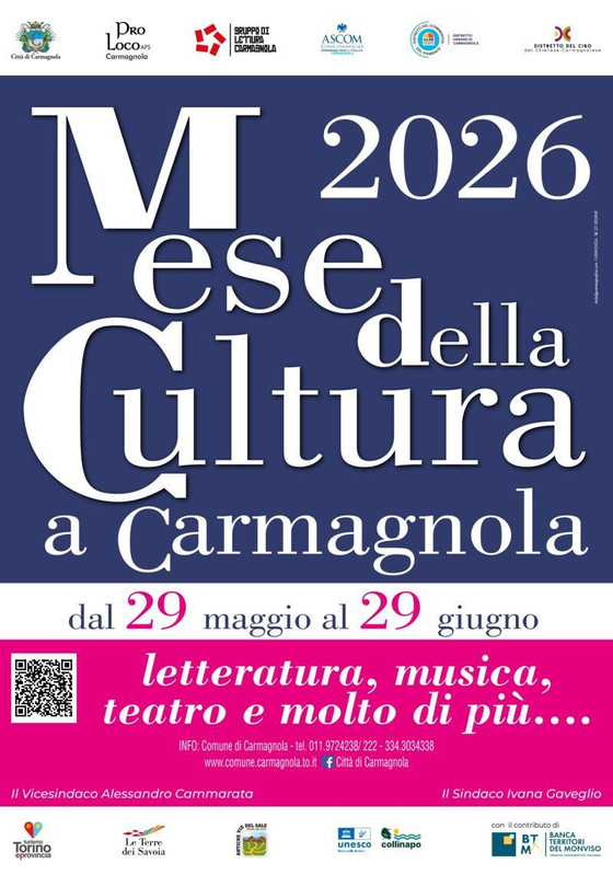 Mese della Cultura fino al 29 giugno 2026 a Carmagnola (To) con letteratura, musica, teatro con grandi ospiti