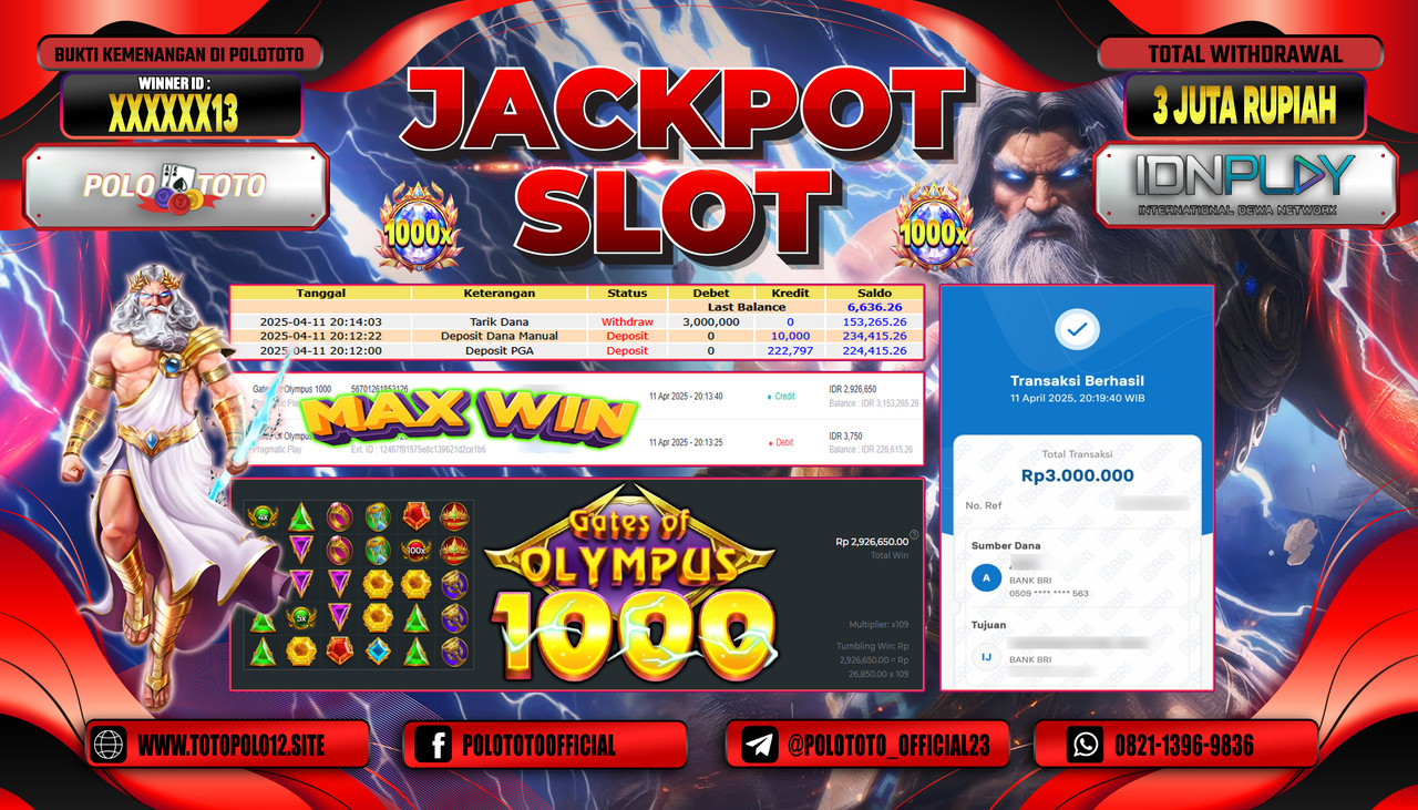 POLOTOTO JACKPOT SLOT GATES OF OLYMPUS 1000 Rp.3.000.000,-
