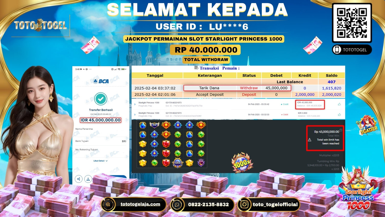 Bukti Pembayaran Jackpot  Permainan Slot Starlight Princess 1000  ID:LU****6  LUNAS