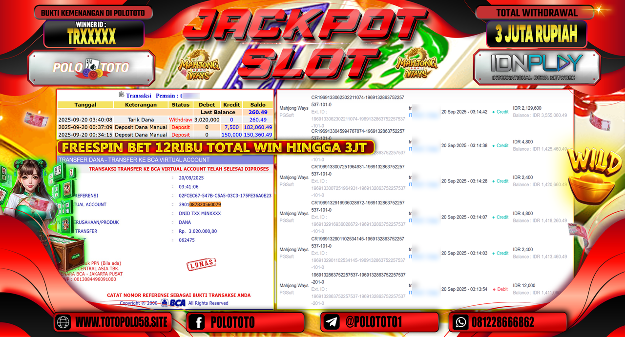 POLOTOTO JACKPOT SLOT MAHJONG WAYS Rp.3.020.000,-