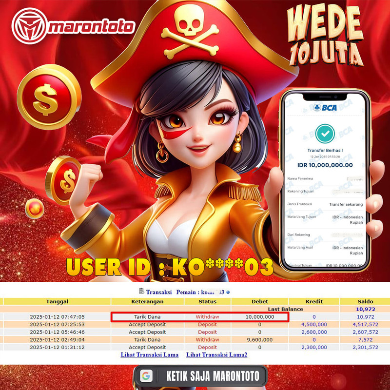 Bukti Kemenangan Member Marontoto Sebesar 10 JUTA