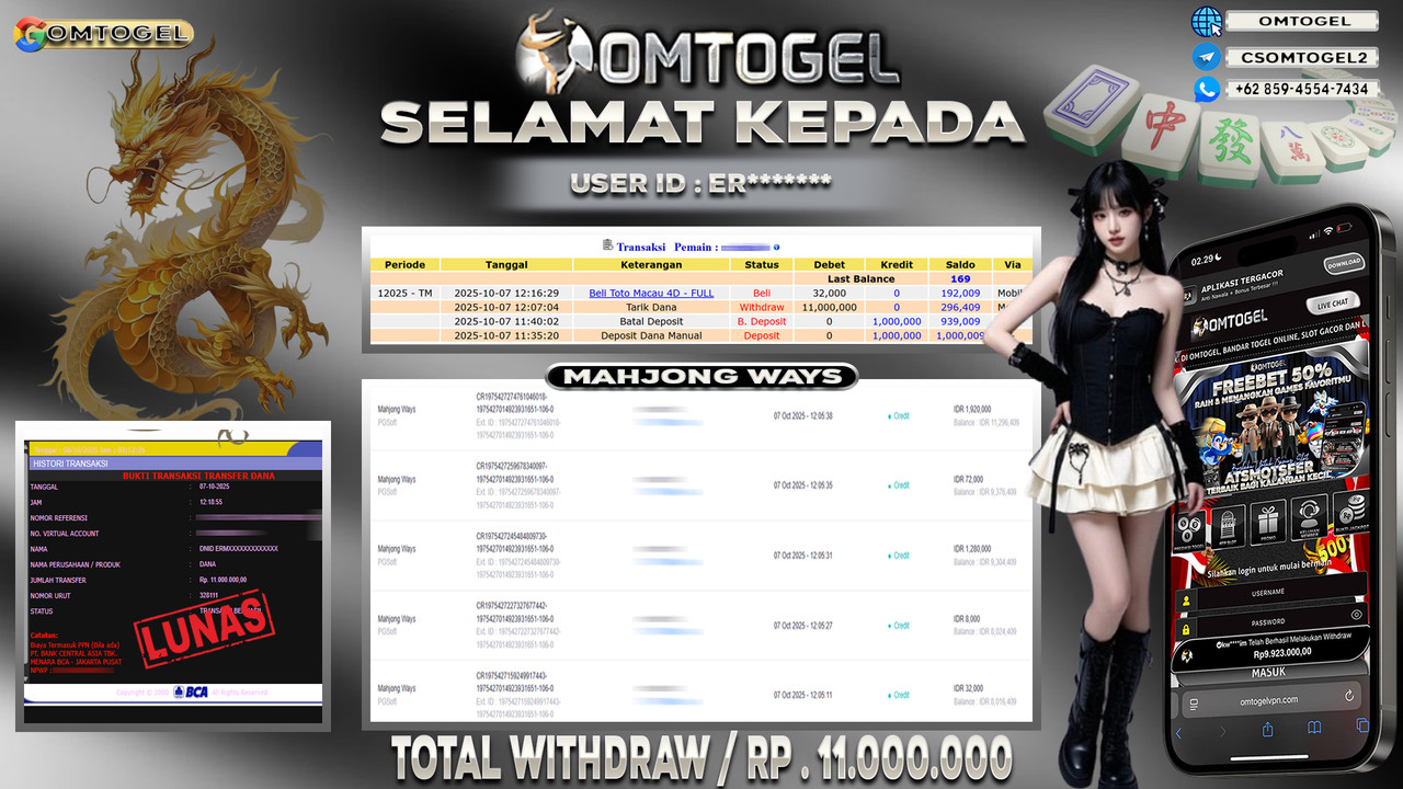OMTOGEL JACKPOT PGSOFT MAHJONG WAYS 11 JUTA DI BAYAR LUNAS ,-