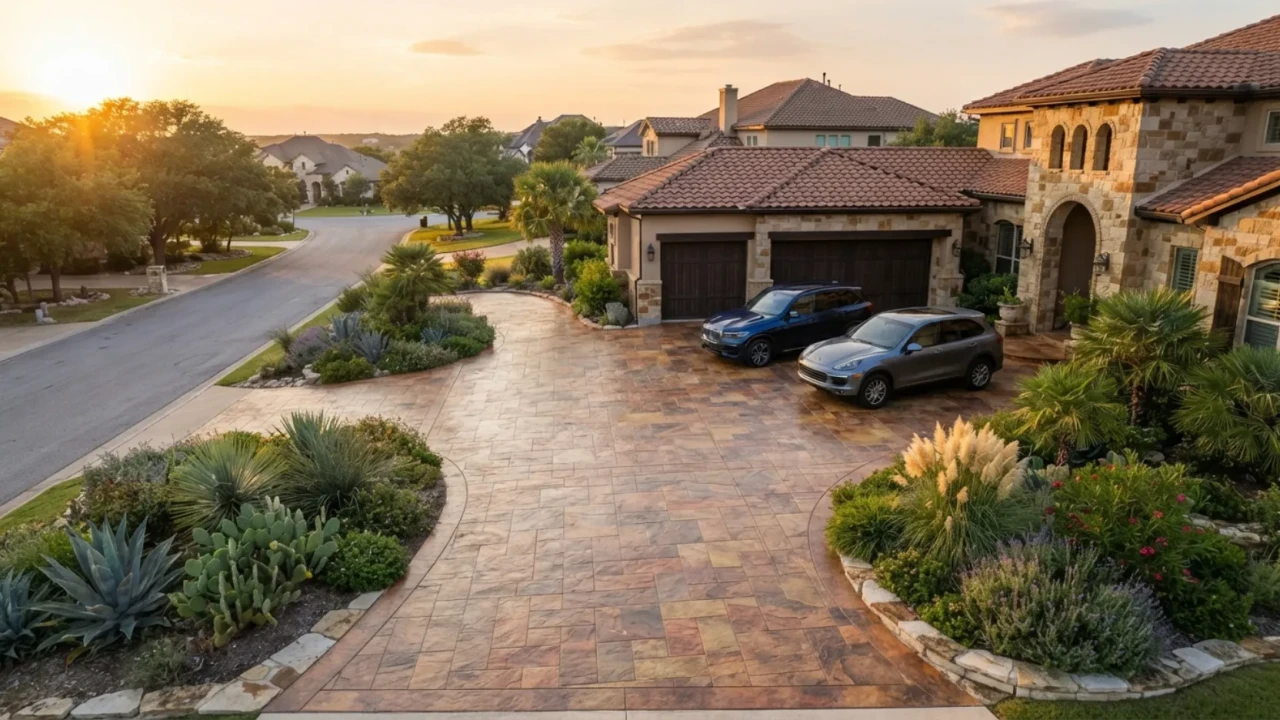 Integral color stamped concrete driveway warm earth tones Bexar County