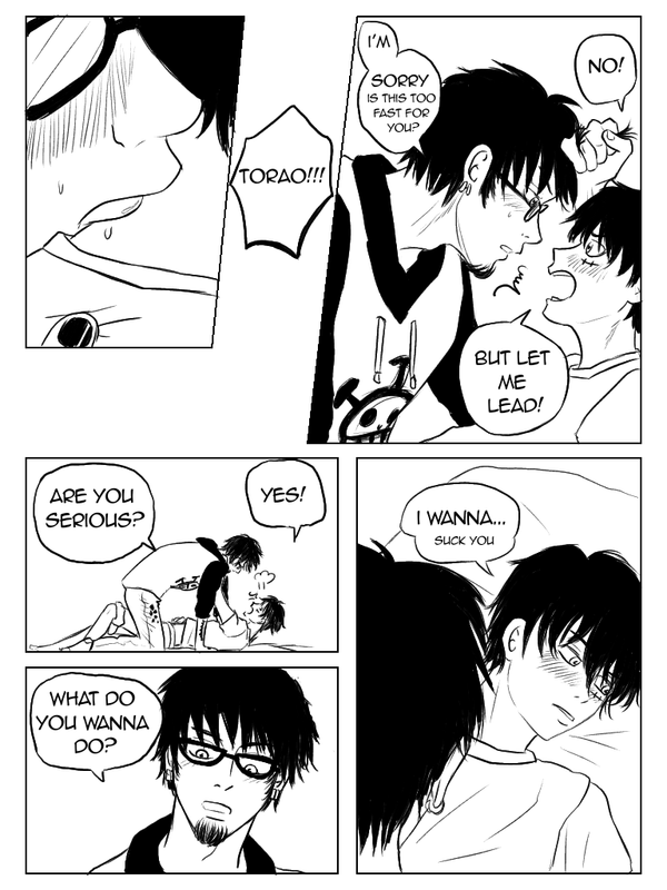 Page 17. Law keeps licking, switching sides, but Luffy gets annoyed. Law apologizes for going too fast, but Luffy says he just wanted to take the lead. He wants to go down on Law.