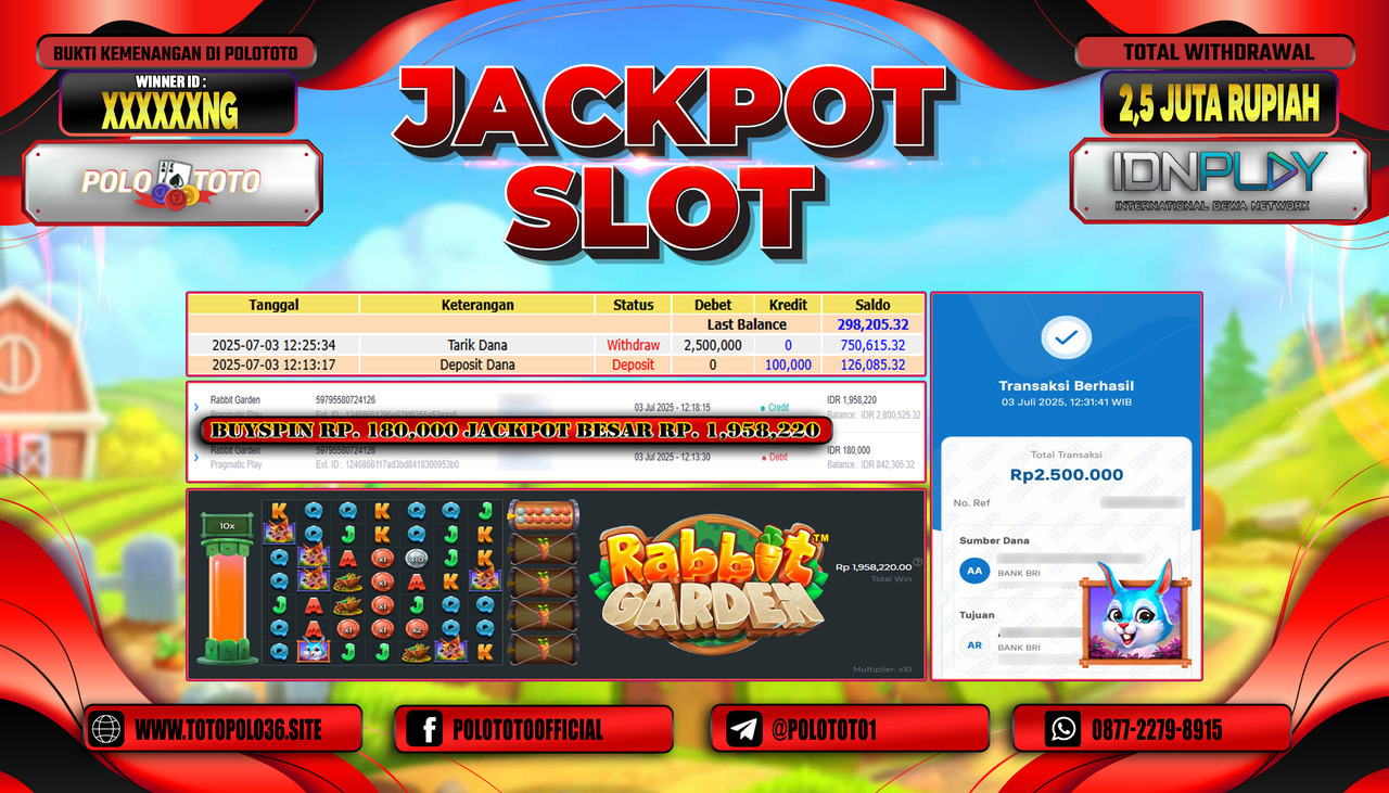 POLOTOTO JACKPOT SLOT RABBIT GARDEN Rp.2.500.000,- LUNAS