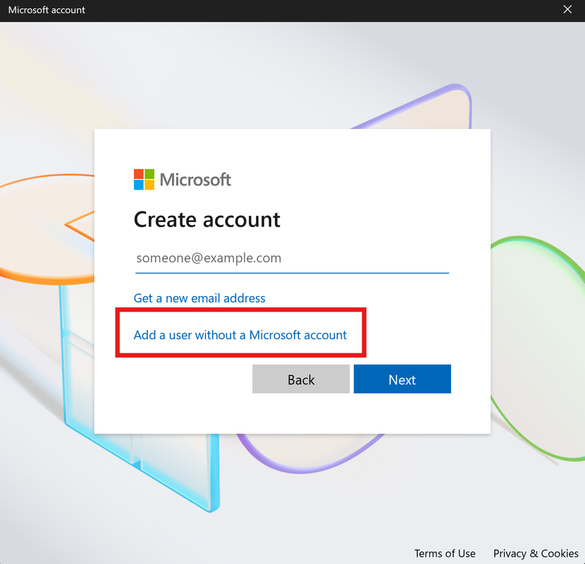 Screenshot showing options to create a user without a Microsoft account.