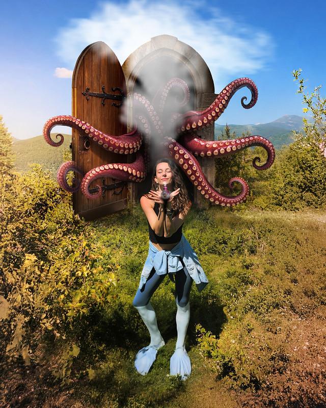 Add a medieval style door behind the woman in this photo The door should be open realistic and ha