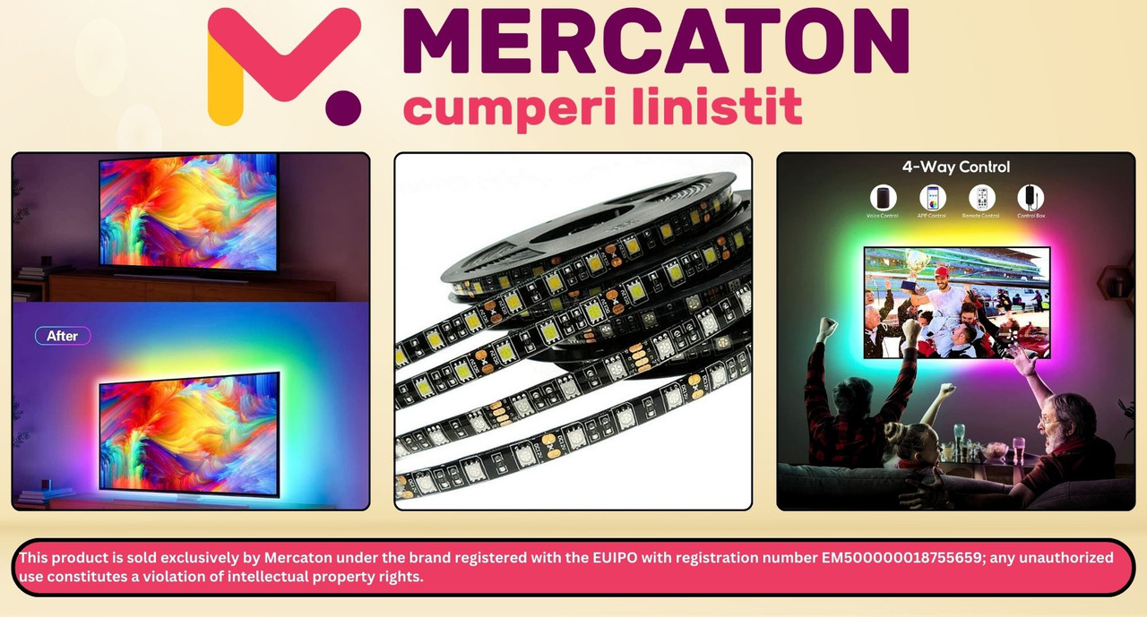 Banda LED Smart Mercaton, pentru Iluminare Ambientala TV, Control prin Aplicatie si Telecomanda