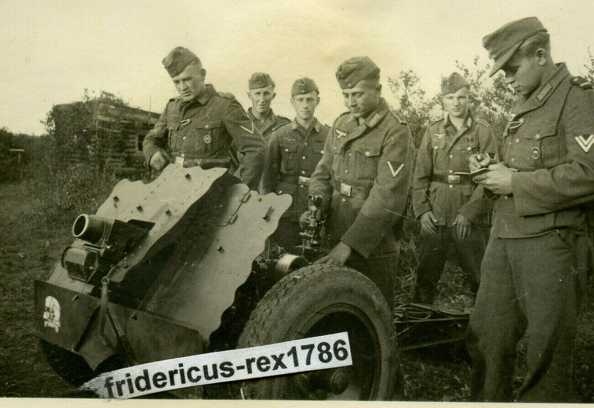 Foto Ostfront T.-Div Raum Demjansk HKL Infanterie Geschütz 18 mit Wappen Kennung