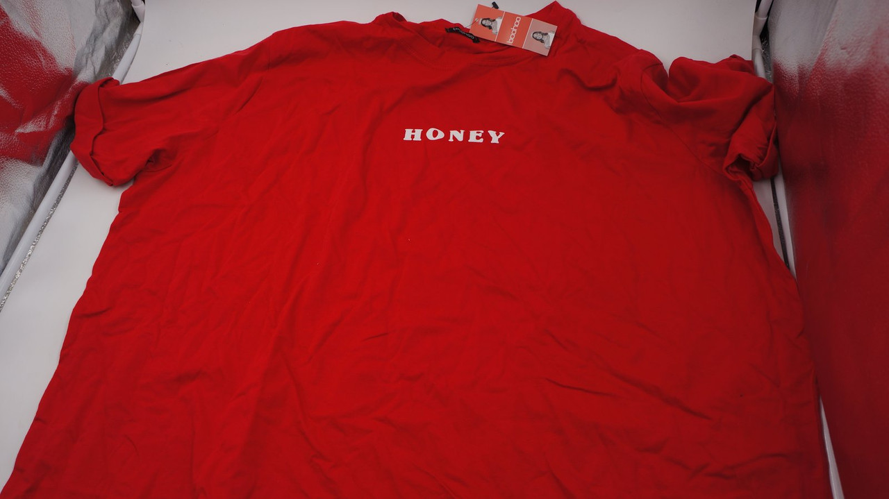 BOOHOO WOMENS "HONEY" OVERSIZE TEE SHIRT RED/WHITE SIZE 26 BOOHOO WOMENS "HONEY" OVERSIZE TEE SHIRT RED/WHITE SIZE 26